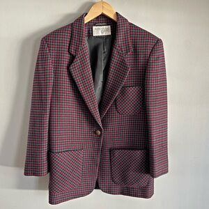 Vintage International Scene Wool Blend Houndstooth Plaid Blazer Red Black 5/6